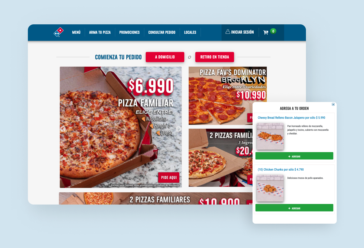 interfaz pagina web de Domino's pizza