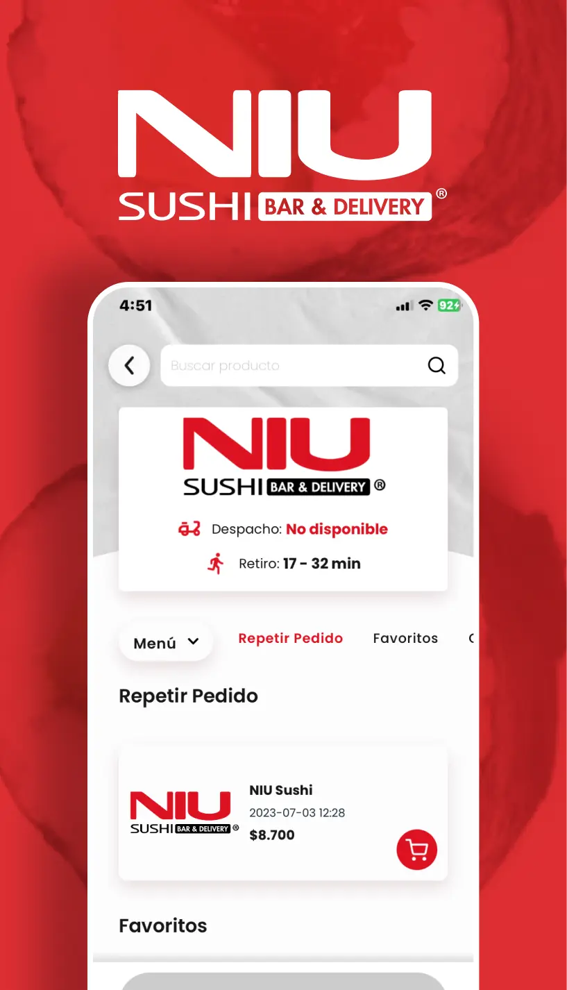 Interfaz de App en Niu Sushi