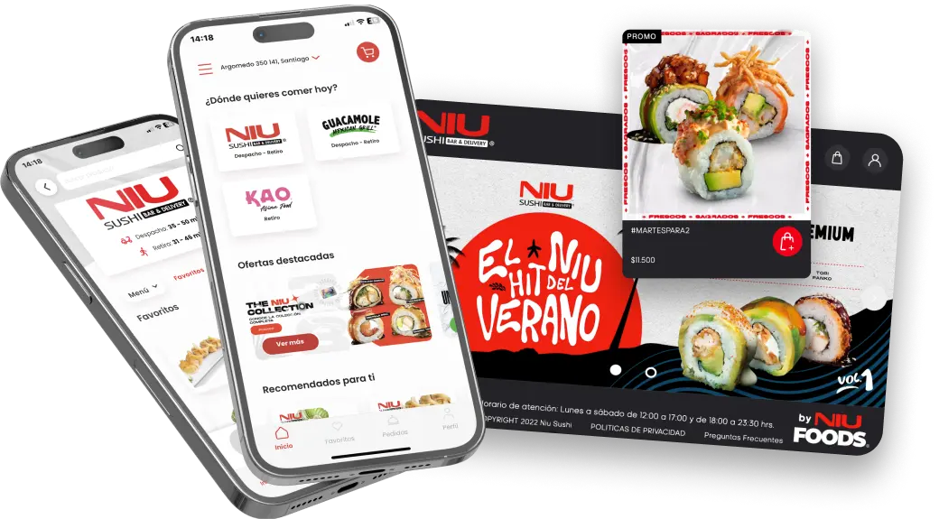 Interfaz de App Niu foods que incluye Niu sushi, Kao y Guacamole